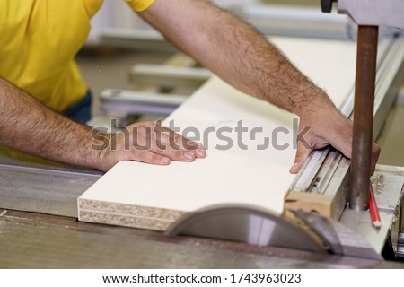 Carpenter hands cutting a piece of wood for furniture in his woodwork workshop, using a table saw. Royalty-Free Stock Photo #1743963023