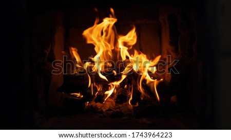 Close-up shot of warm cozy burning fire in a brick fireplace