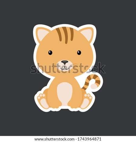 Sticker of cute baby cat sitting. Adorable domestic animal character for design of album, scrapbook, card, poster, invitation. Flat cartoon colorful vector illustration.