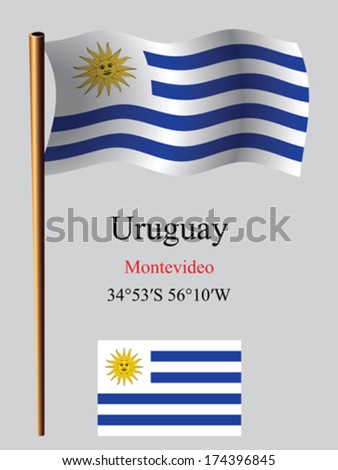 uruguay wavy flag and coordinates against gray background, vector art illustration, image contains transparency