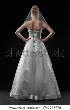 Bride in a beaituful long white wedding dress and lace bridal veil, back view. Black background