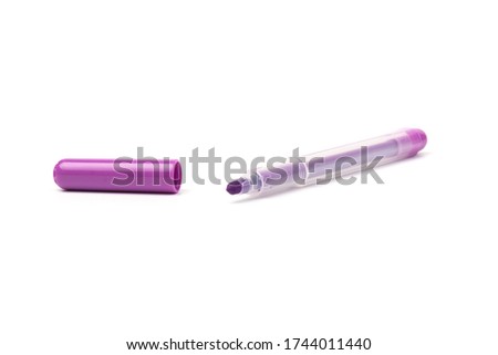 Violet marker pen isolated on white background. Kids vivid painting tools. Office highlighter design elements