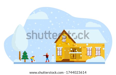 Flat vector illustration: winter landscape with a house.