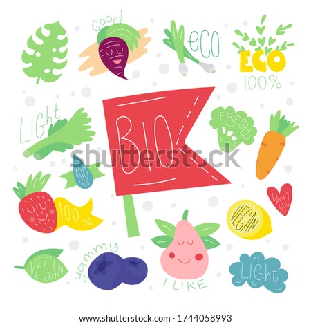 Symbols of healthy eating. Flag with the inscription bio. Modern vector illustration.