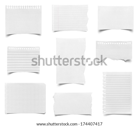 collection of various pieces of note paper on white background. each one is shot separately