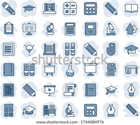 Blue tint and shade editable vector line icon set - book vector, calculator, graduate, abacus, desk, notepad, presentation board, pencil, contract, microscope, lab, bladder, copybook, paper clip