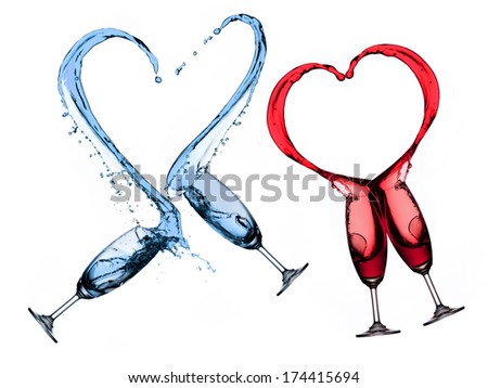 Water splash from two glasses in heart