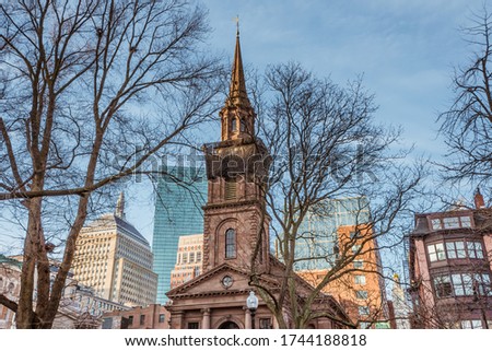 View of Arlington Street Church from Boston Public Garden. Public Garden is a large park in the heart of Boston, Massachusetts, adjacent to Boston Common.
