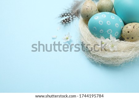 Colorful Easter eggs in decorative nest on light blue background. Space for text