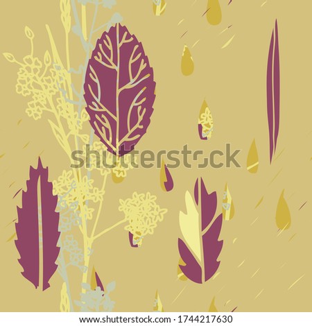 Vector seamless pattern with falling leaves and herbs in yllow and purple colors