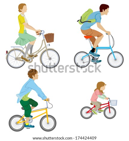 Various people riding Bicycle, Isolated