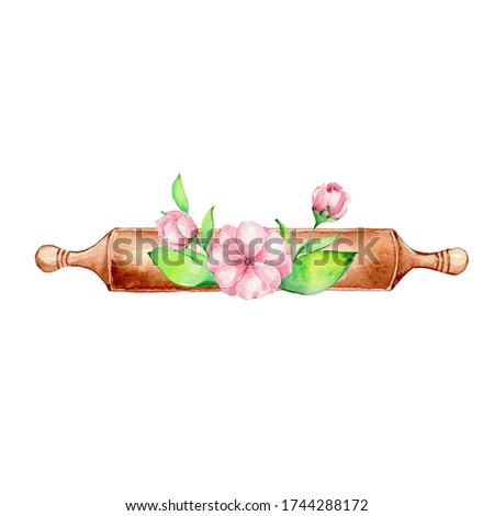 Rolling pin and pink flowers; watercolor hand draw illustration; can be used for confectioner's logo; with white isolated background