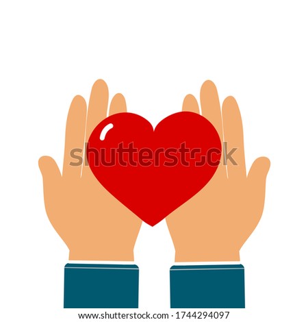 Heart in hands. Symbol of charity, mercy, love, goodness and hope. Vector illustration in flat style
