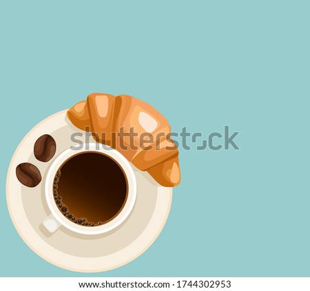 vector blue background with a cup of coffee and crispy croissants