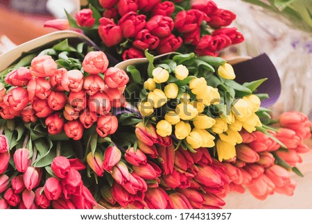 Bouquets of tulips on the counter of the florist store. Flower business