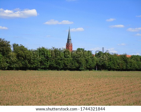 landscape in summer with high tower in the background