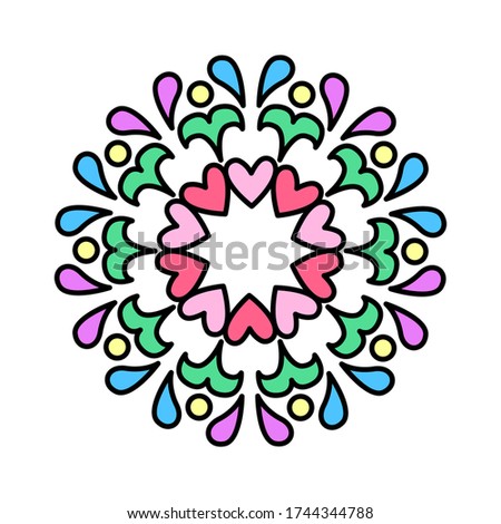 Colorful vector wreath with hearts and decorative elements. Round pattern for book, design, illustration, games, stickers, relax and meditation.