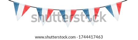 Watercolour illustration of bunting with national tricolor flag of France. Festive triangle shape. Hand painted water color, cutout clip art element for design, web site header, card, festive border.