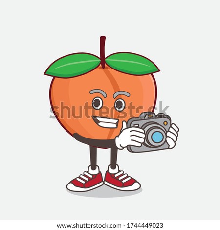 An illustration of Peach Fruit cartoon mascot character as photographer in action with a camera