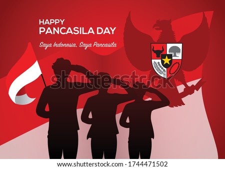 An Illustration of man salute to Pancasila, marks the date of Sukarno's 1945 address on the national ideology. Saya Indonesia Saya Pancasila means I am Indonesia I am Pancasila.