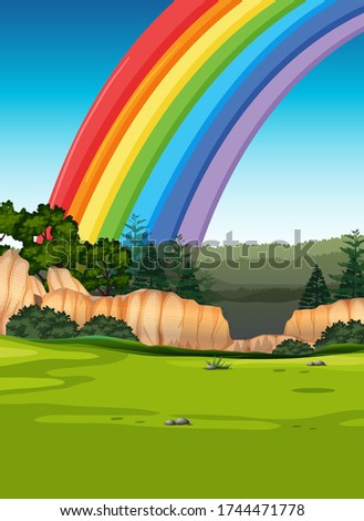Colorful rainbow with meadow and sky cartoon style background illustration