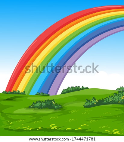 Colorful rainbow with meadow and sky cartoon style background illustration