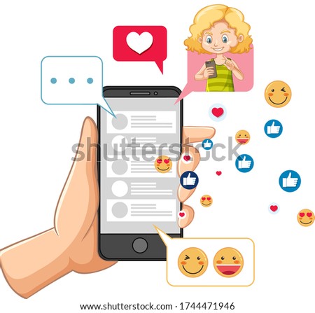 Smart phone with social media icon theme isolated on white background illustration