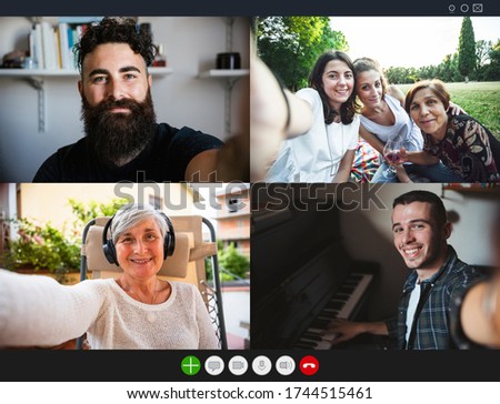 Family multi generational using conference application for meeting - Video call headshot from webcam of group friends in lockdown from Coronavirus, Covid-19 Royalty-Free Stock Photo #1744515461