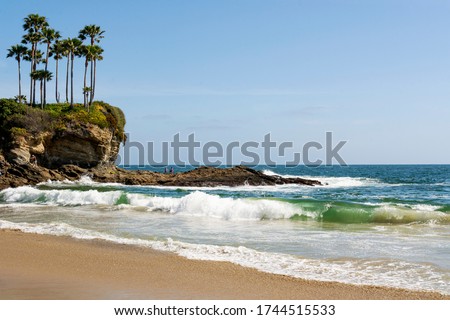 Tropical Ocean Paradise. Waves roll gently onto the beach at Crescent Bay Beach with cliffs, palm trees and yellow wildflowers in the distance on a beautiful sunny day in famed Laguna Beach, CA, USA.