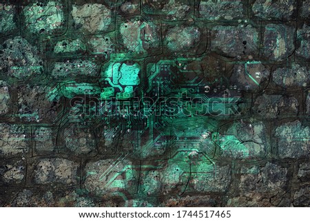 cave paintings on old masonry depicting alien technology in the form of a motherboard, collage.