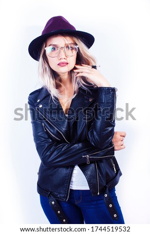 young pretty blond girl hipster in hat posing smiling happy isolated on white background, lifestyle people concept