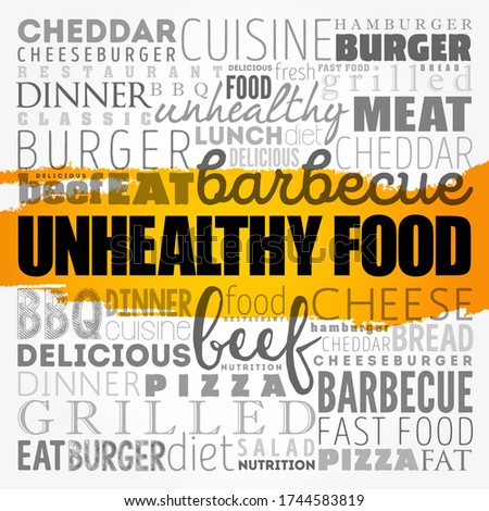 UNHEALTHY FOOD word cloud collage, food concept background