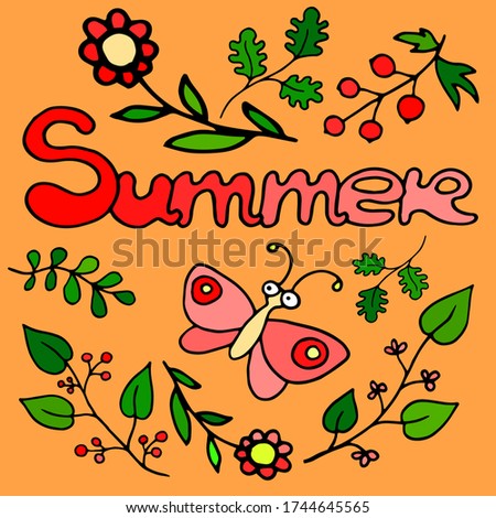 colored lettering summer text vector set collection with butterfly and plants