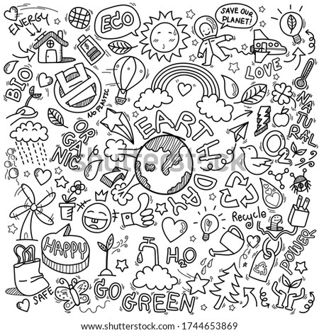 hand drawn of Earth day, Ecology , go green, clean power doodle set isolated on white background, doodles sketch illustration vector Royalty-Free Stock Photo #1744653869