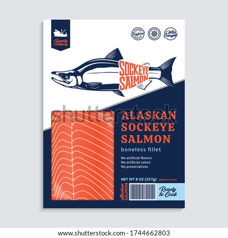 Vector Alaskan sockeye salmon packaging design concept. Modern style seafood illustration. Raw salmon fillet in a blue and white package on a grey background