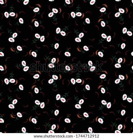 Beautiful Small blooming white flowers feminine meadow florals mood seamless pattern in vector EPS10,Design for fashion,fabric,web,wallpaper,wrapping,cover , and all prints on black.