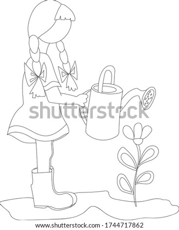 little girl with braids in a blue dress and rubber boots. she helps with household chores. Blossoms a flower from a fillet watering can. The concept of family values ​​of home comfort. Vector