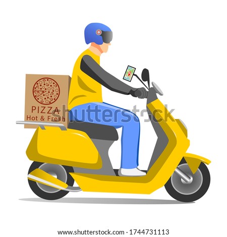 Vector illustration of home delivery service concept. The courier on a scooter carries a pizza order. Eps 10.