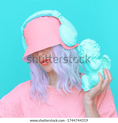 Vanilla Angel Dj Girl in stylish headphones and bucket hats. Minimal monochrome colours  trends