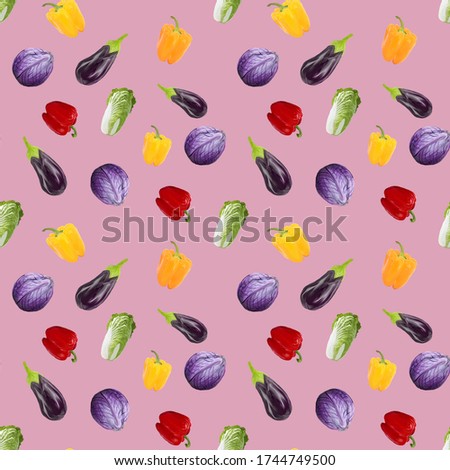Seamless pattern veganism eggplant, peppers, cabbage on pink background. Gouache hand drawn illustration. Fresh food. Design for textiles, packaging, fabrics, menus, restaurants.