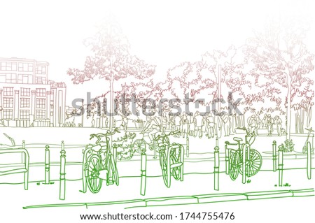 Scene street illustration. Hand drawn ink line sketch European old town Berlin , Germany  with buildings, bicycles, bike in outline style. Ink drawing of cityscape, perspective view. Travel postcard.