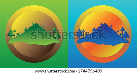 Mountain and tree landscape in circle. Farm or woodworks logo design.