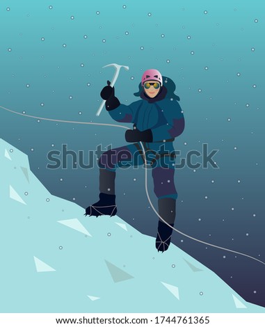 Girl climber climbs the mountain, and the snow swirls around. Illustration in flat style.
