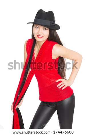 Beautiful smiling Asian woman in a black hat. Mixed race Asian Caucasian girl. 