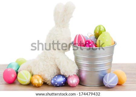 fluffy easter bunny with eggs isolated on white background