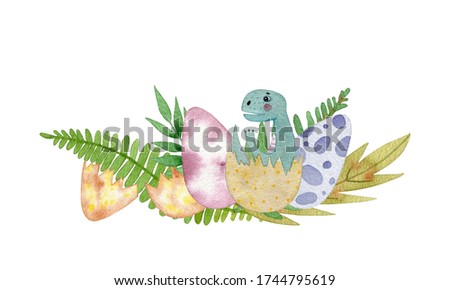 Watercolor set with baby dinosaur and colorful eggs, nest . Can be used as a print on postcards and other souvenirs.