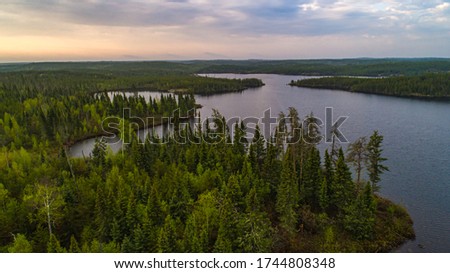 Drone / Aerial view of the northern Boreal Forest  Royalty-Free Stock Photo #1744808348