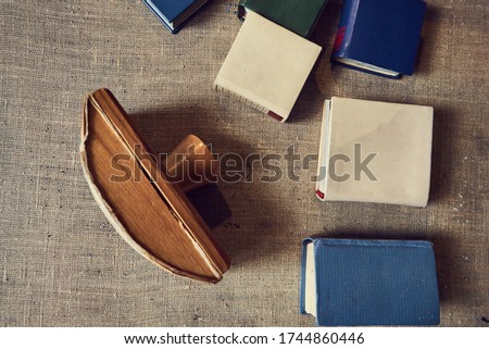 small old books, stamp, print on the table