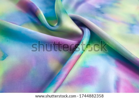 Hand-painted neck scarf. Multi-colored satin. Draped fabric. Glittery pleats