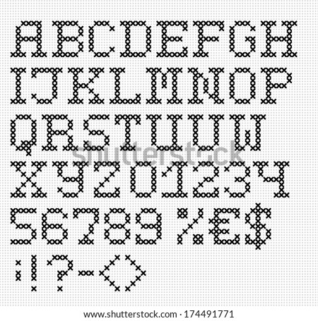 Cross stitch uppercase english alphabet with numbers and symbols. Isolated on white cloth texture 